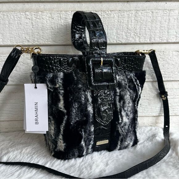 NWT | BRAHMIN Black Faith 3 in 1 Wichita Wristlet Crossbody Handbag Fur Bag - Picture 2 of 15